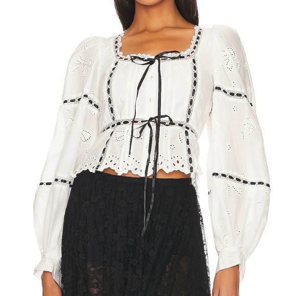 For Love And Lemons Tops - For Love And Lemons Rowan White Eyelet Peasant Blouse with Black Trim
